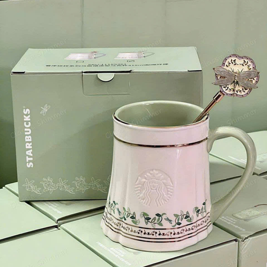 Starbucks Spring Blessings Ceramic Mug with Golden Dragonfly Stirrer